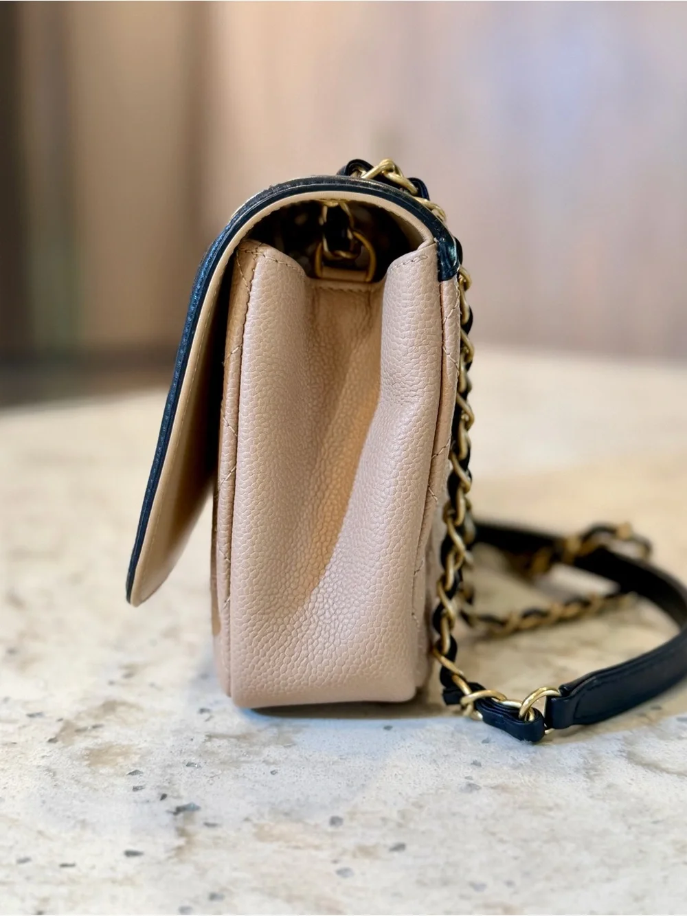 CHANEL Small CC Filigree Flap Bag Beige Black, Caviar Leather GHW